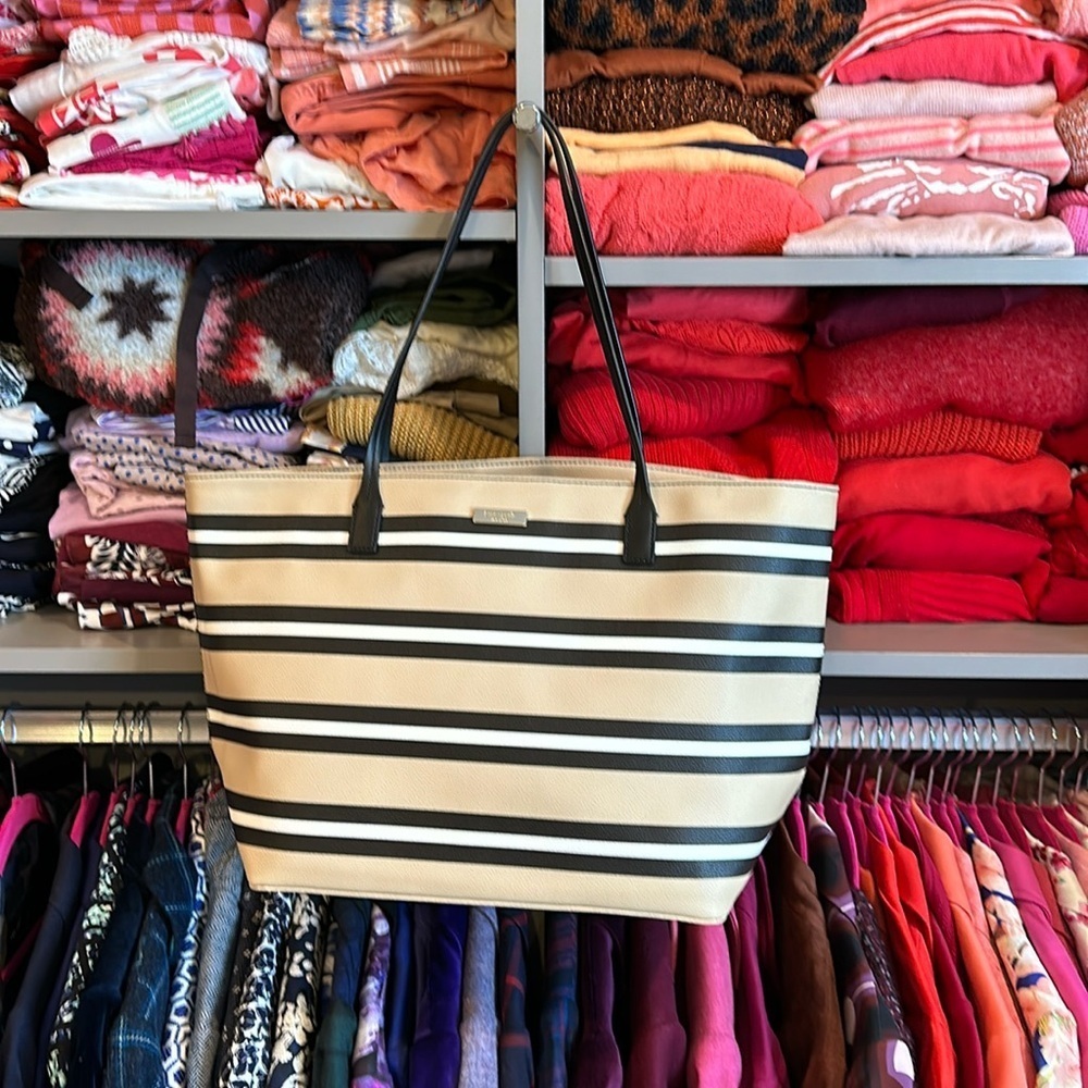 Kate Spade Tan/Black/White Striped Tote Bag